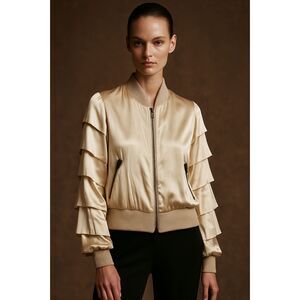 Haute Silk Cream Bomber Jacket with Ruffle Sleeves 4 NWT